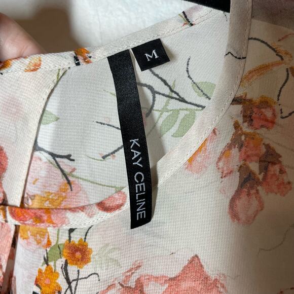 Kay Celine Floral Blouse Top Cut out Sheer Short Sleeve Medium V-Neck - Picture 4 of 4